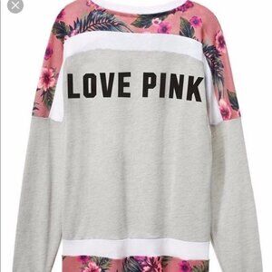 VS Pink Varsity Crew Pullover Sweatshirt Tropical Floral Gray || XS EUC